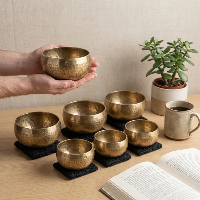 Hand-Hammered Tibetan Chakra Bowl Set — 7 Pieces Brass Alloy - 4