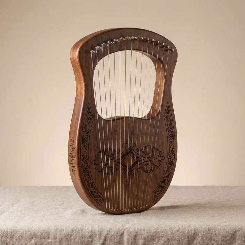 Walnut Harpika — 21-String Hand-Engraved Arabesque - 1