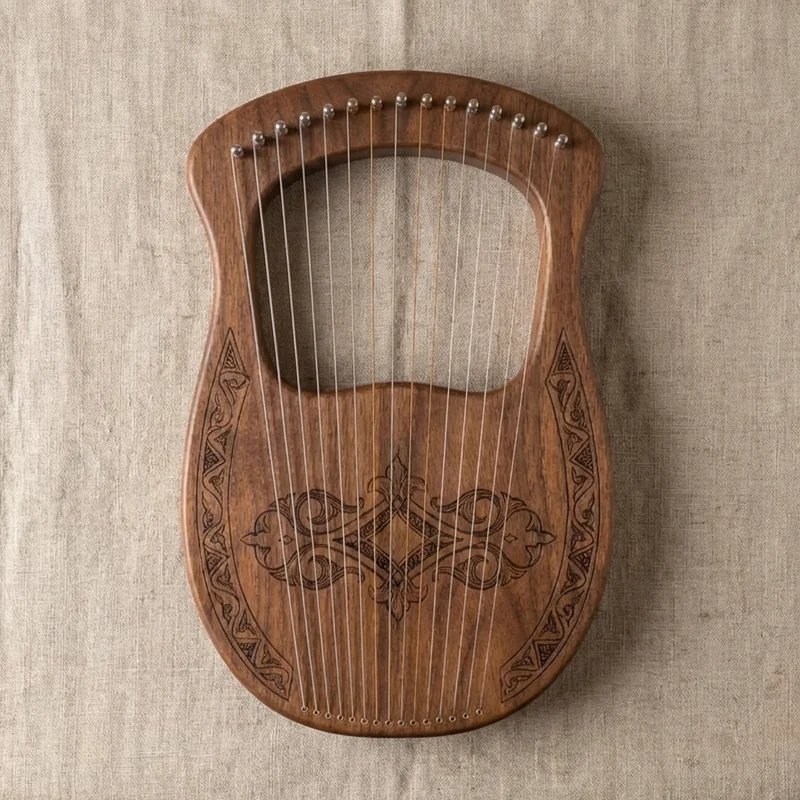 Walnut Harpika — 21-String Hand-Engraved Arabesque - 2