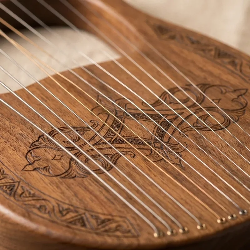 Walnut Harpika — 21-String Hand-Engraved Arabesque - 3