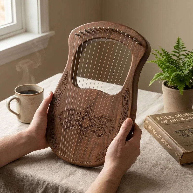 Walnut Harpika — 21-String Hand-Engraved Arabesque - 4