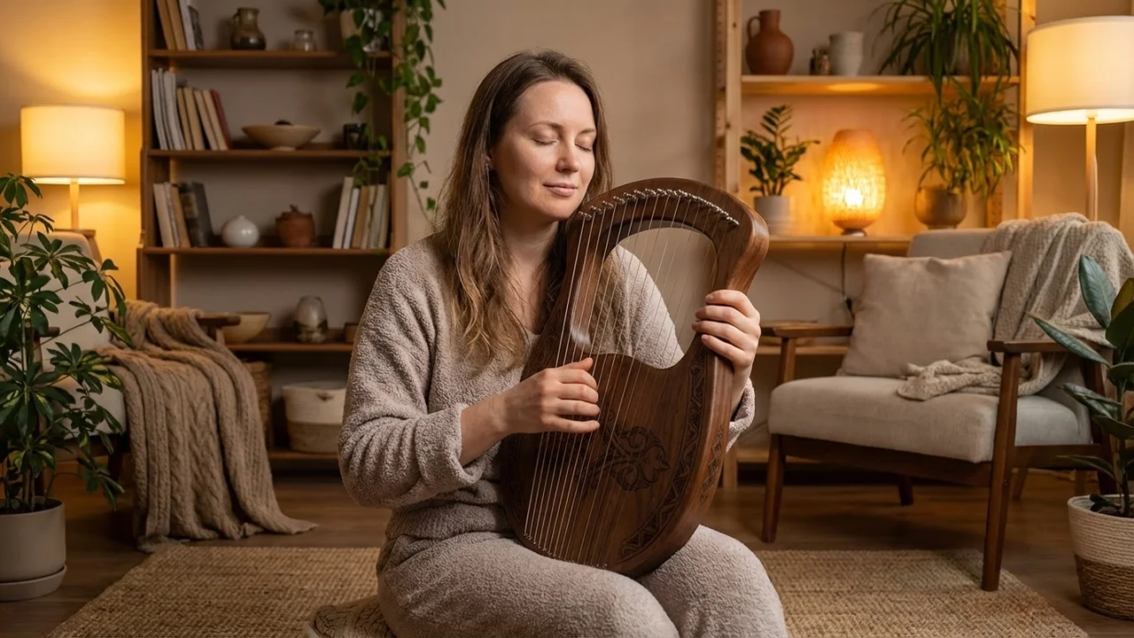 Walnut Harpika — 21-String Hand-Engraved Arabesque - 5