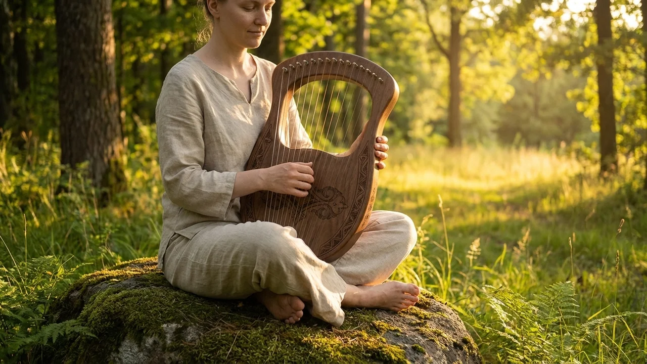 Walnut Harpika — 21-String Hand-Engraved Arabesque - 6