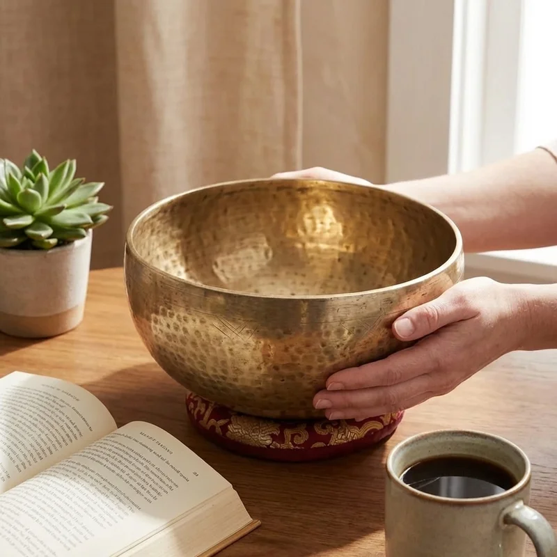 Hammered Brass Tibetan Bowl — 8-Inch Heart Chakra - 4