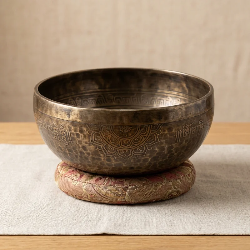 Antique Finish Tibetan Singing Bowl — C# Note Hand-Engraved Mandala - 1