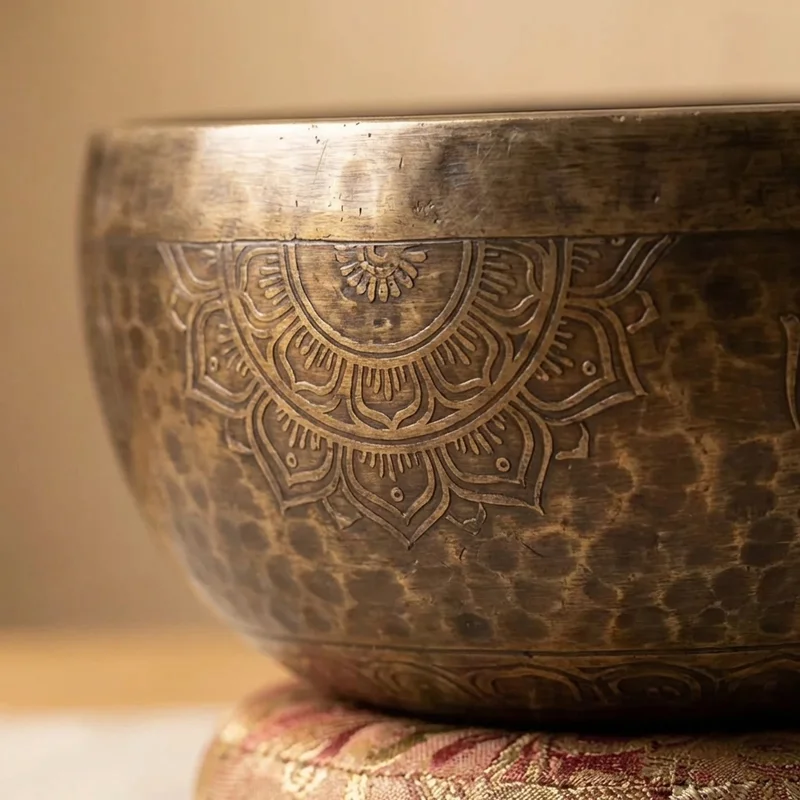 Antique Finish Tibetan Singing Bowl — C# Note Hand-Engraved Mandala - 3