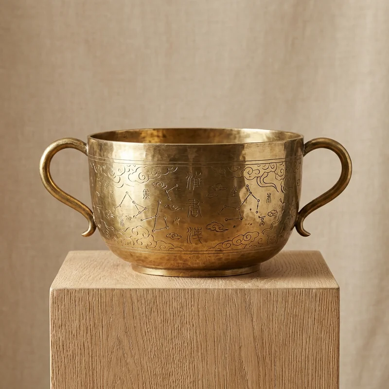 Hammered Brass Taoist Bowl — C Note Celestial Pattern - 1