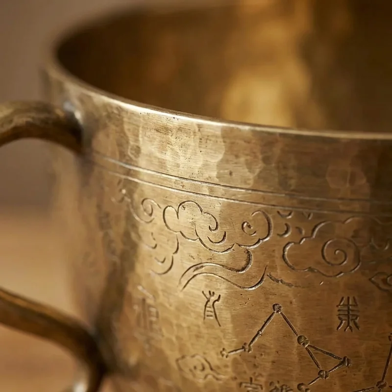 Hammered Brass Taoist Bowl — C Note Celestial Pattern - 3