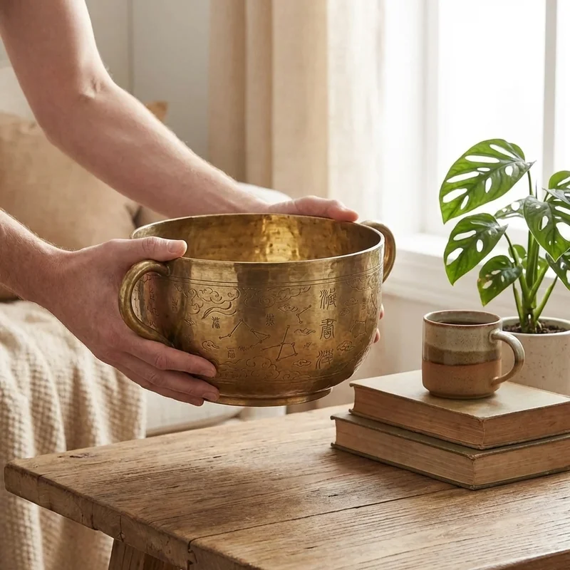 Hammered Brass Taoist Bowl — C Note Celestial Pattern - 4