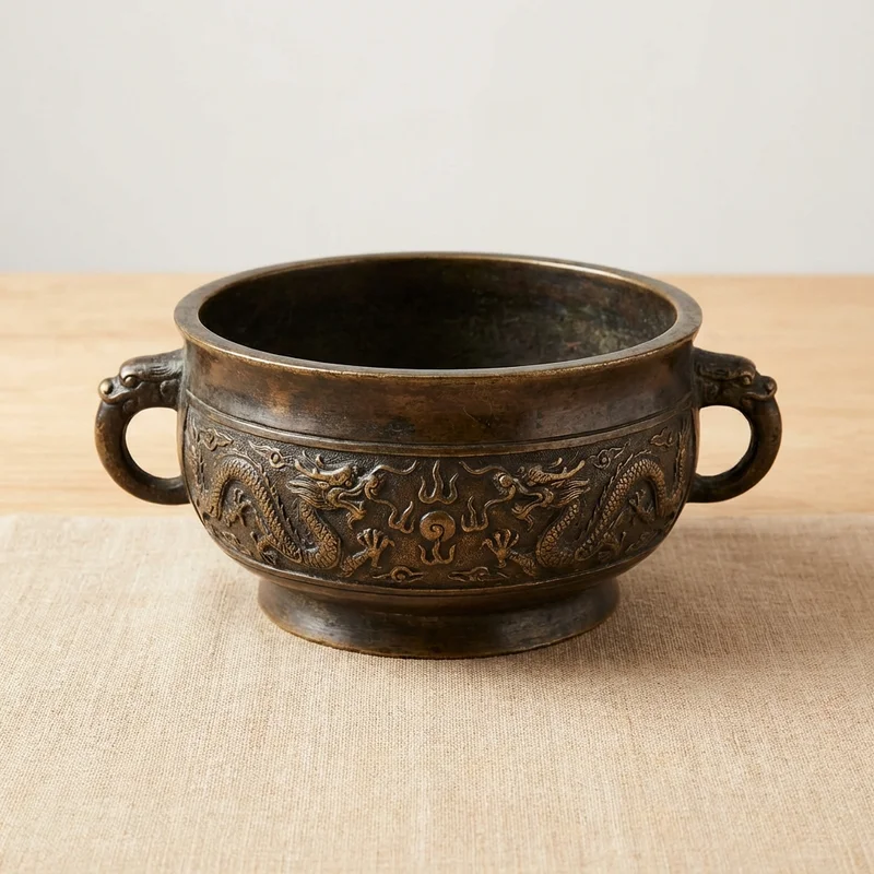 Antique Bronze Taoist Bowl — G Note Dragon Motif - 1