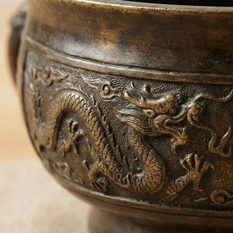 Antique Bronze Taoist Bowl — G Note Dragon Motif - 3
