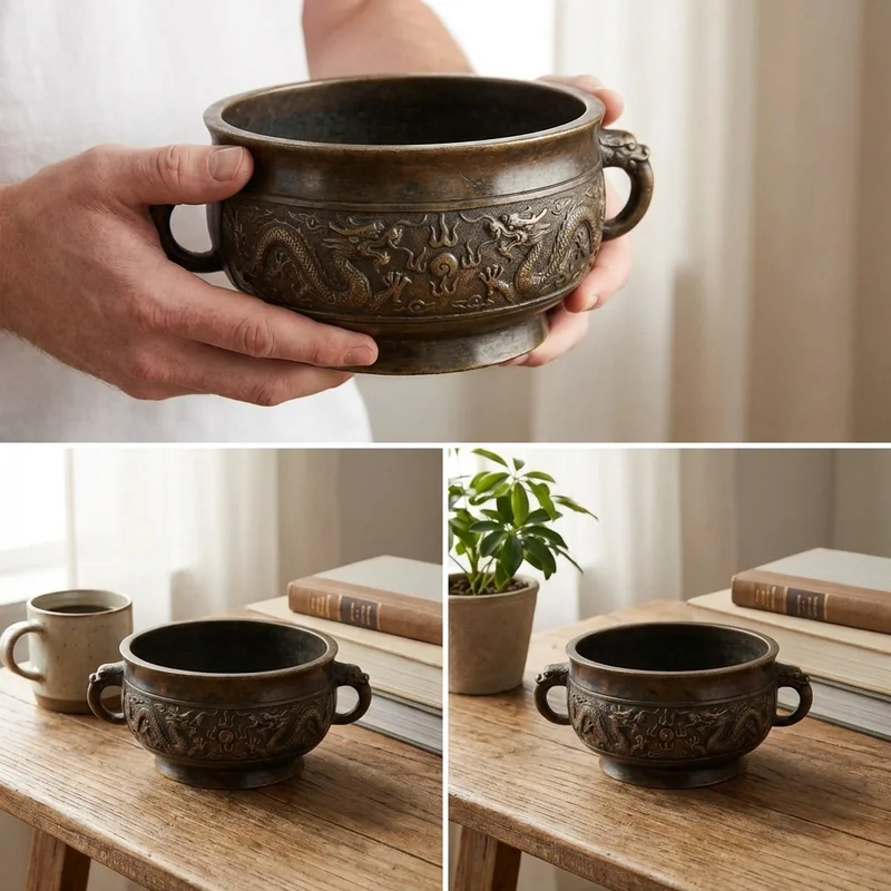 Antique Bronze Taoist Bowl — G Note Dragon Motif - 4